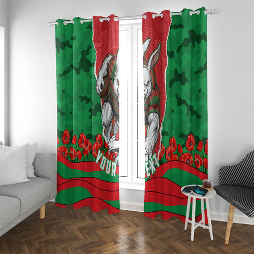 Personalized South Sydney Rabbitohs ANZAC Tribute Window Curtain Poppy Field Soldier Silhouette Aboriginal Rugby Mascot