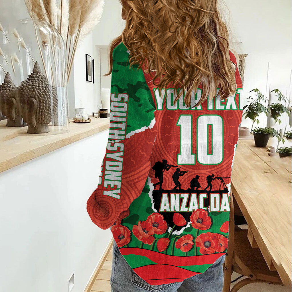 Personalized South Sydney Rabbitohs ANZAC Tribute Women Casual Shirt Poppy Field Soldier Silhouette Aboriginal Rugby Mascot