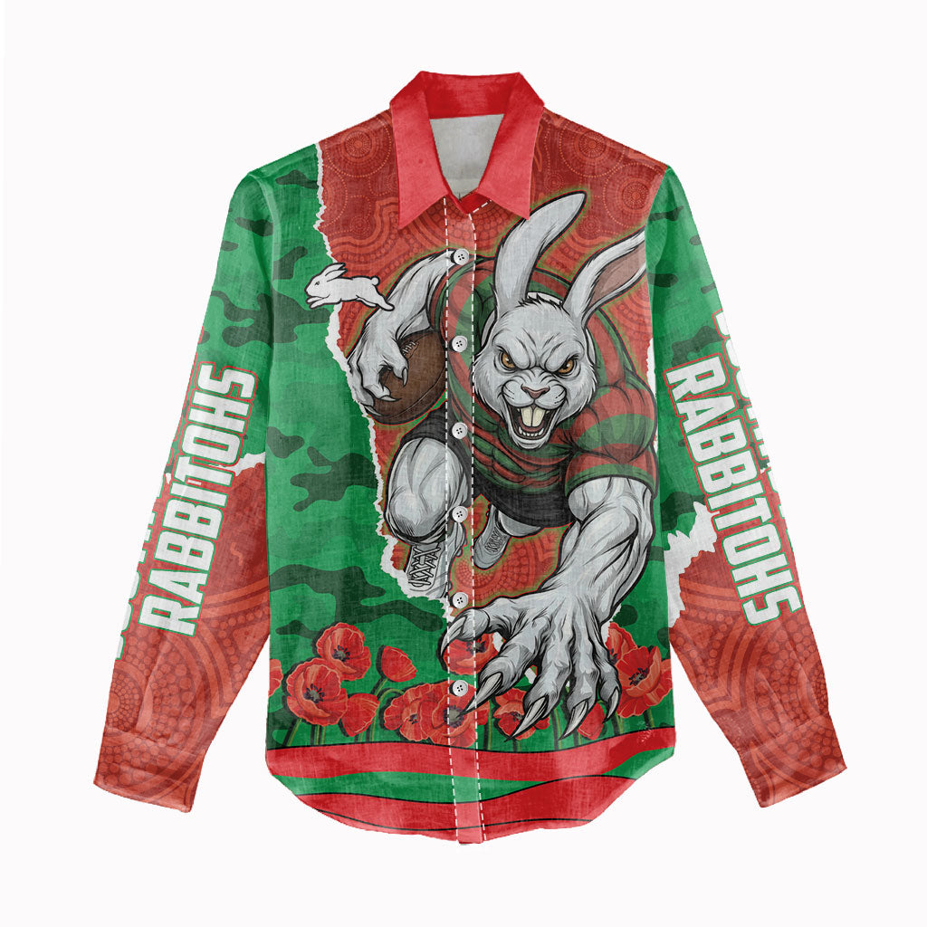 Personalized South Sydney Rabbitohs ANZAC Tribute Women Casual Shirt Poppy Field Soldier Silhouette Aboriginal Rugby Mascot
