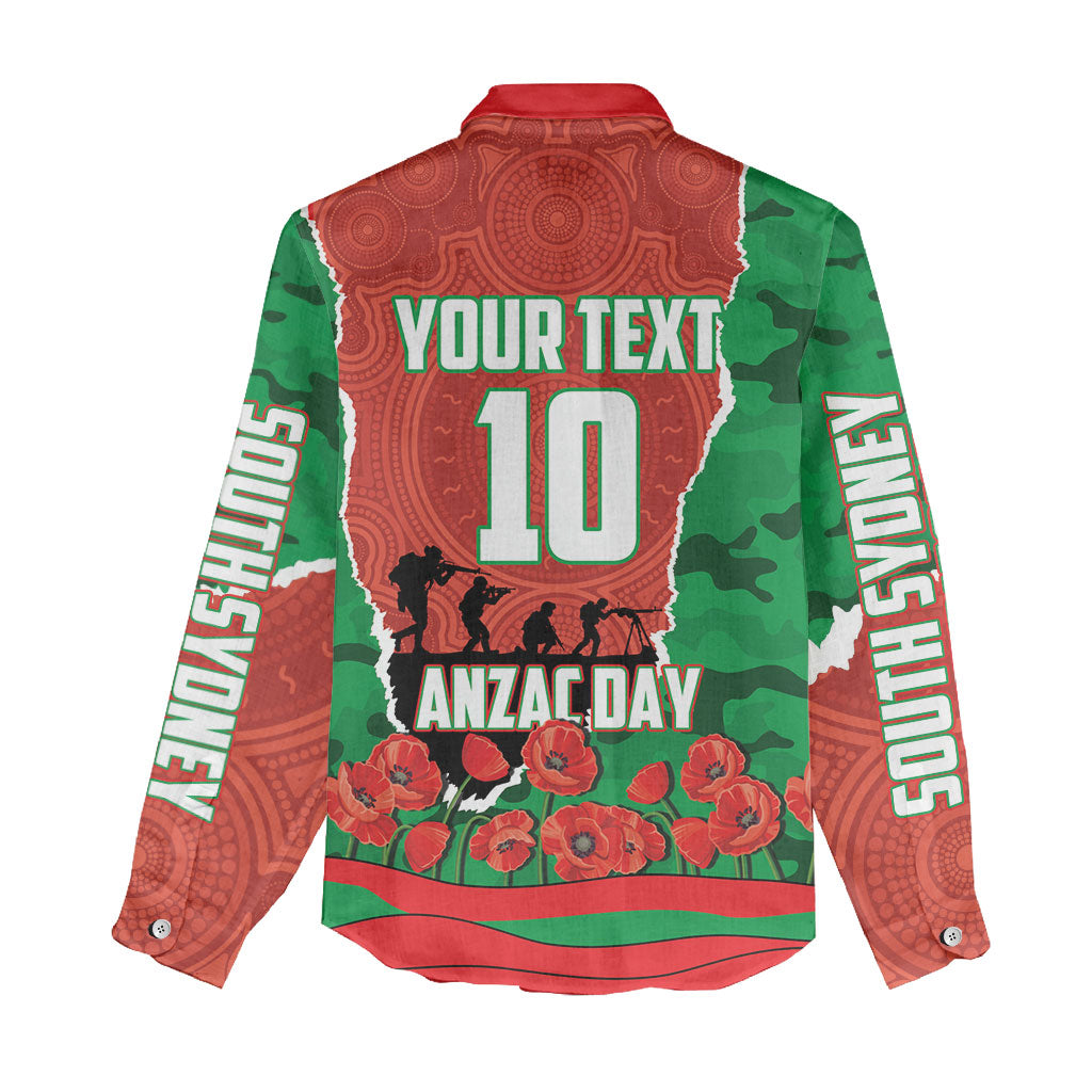 Personalized South Sydney Rabbitohs ANZAC Tribute Women Casual Shirt Poppy Field Soldier Silhouette Aboriginal Rugby Mascot