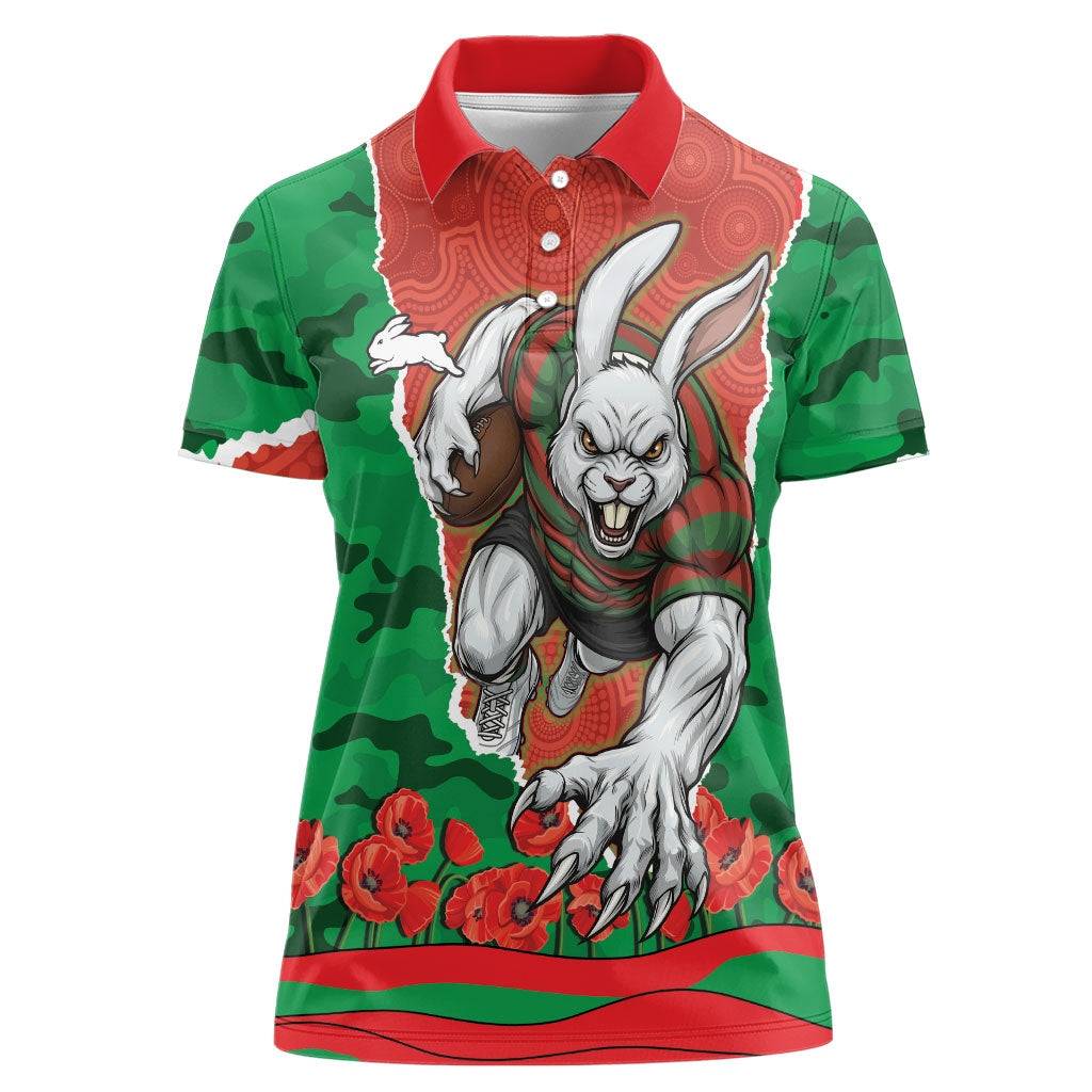 Personalized South Sydney Rabbitohs ANZAC Tribute Women Polo Shirt Poppy Field Soldier Silhouette Aboriginal Rugby Mascot