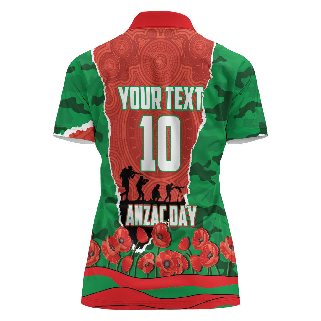 Personalized South Sydney Rabbitohs ANZAC Tribute Women Polo Shirt Poppy Field Soldier Silhouette Aboriginal Rugby Mascot