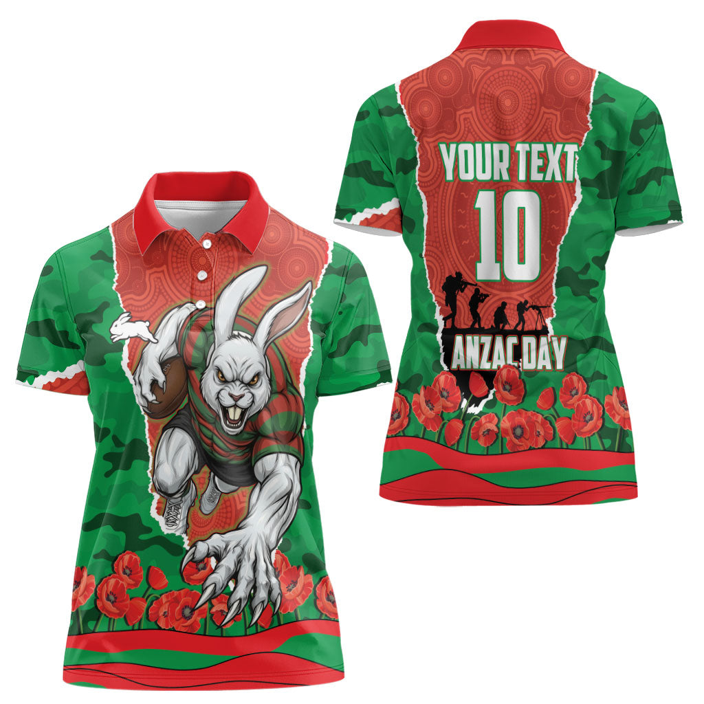 Personalized South Sydney Rabbitohs ANZAC Tribute Women Polo Shirt Poppy Field Soldier Silhouette Aboriginal Rugby Mascot
