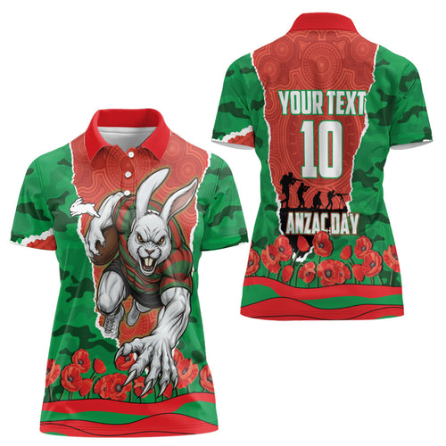 Personalized South Sydney Rabbitohs ANZAC Tribute Women Polo Shirt Poppy Field Soldier Silhouette Aboriginal Rugby Mascot