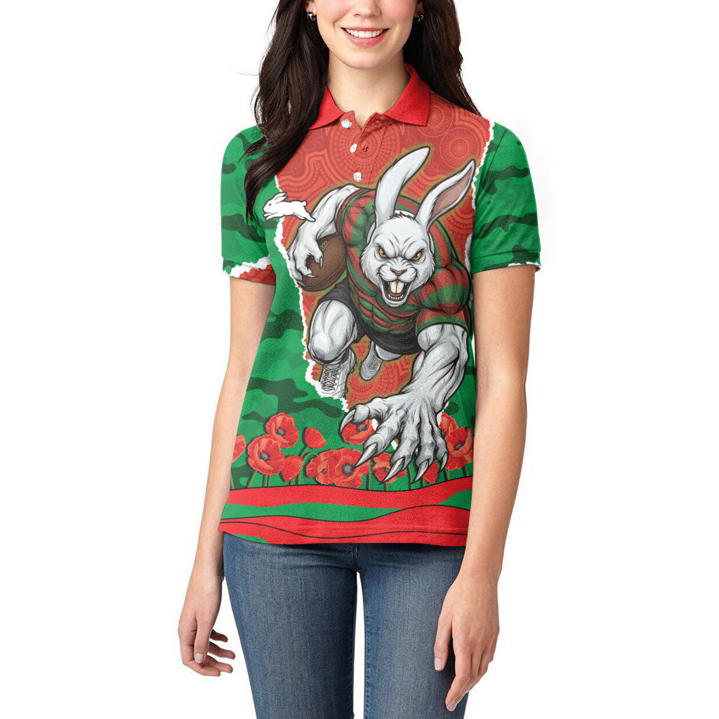 Personalized South Sydney Rabbitohs ANZAC Tribute Women Polo Shirt Poppy Field Soldier Silhouette Aboriginal Rugby Mascot