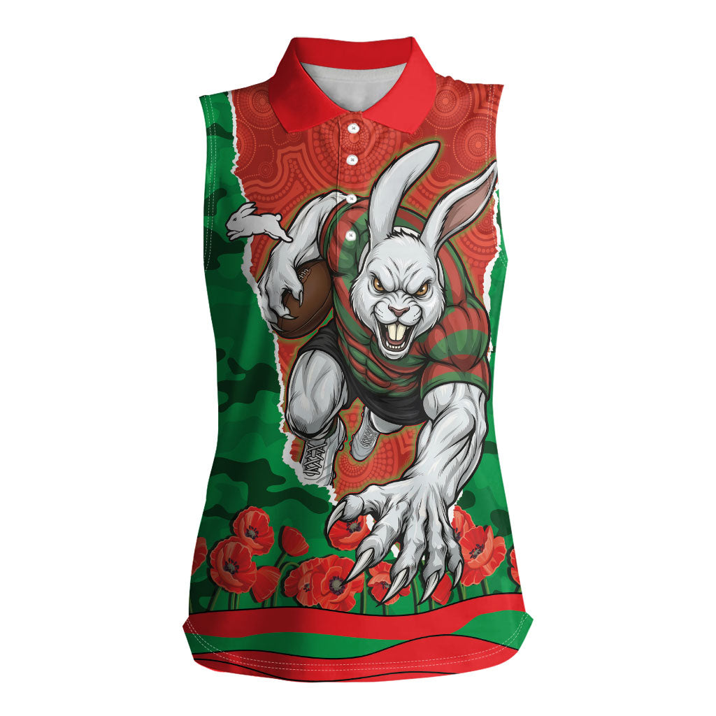 Personalized South Sydney Rabbitohs ANZAC Tribute Women Sleeveless Polo Shirt Poppy Field Soldier Silhouette Aboriginal Rugby Mascot