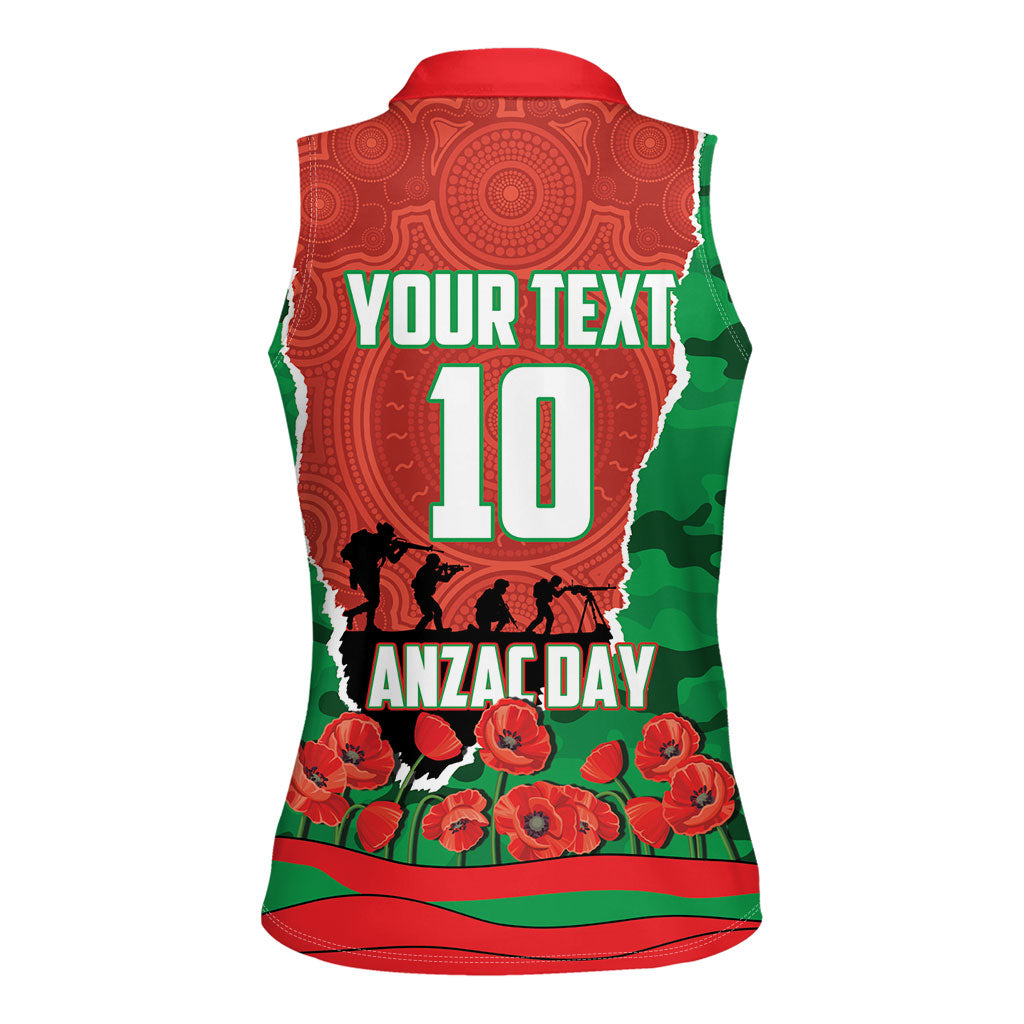 Personalized South Sydney Rabbitohs ANZAC Tribute Women Sleeveless Polo Shirt Poppy Field Soldier Silhouette Aboriginal Rugby Mascot