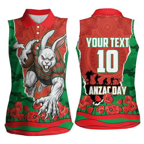 Personalized South Sydney Rabbitohs ANZAC Tribute Women Sleeveless Polo Shirt Poppy Field Soldier Silhouette Aboriginal Rugby Mascot