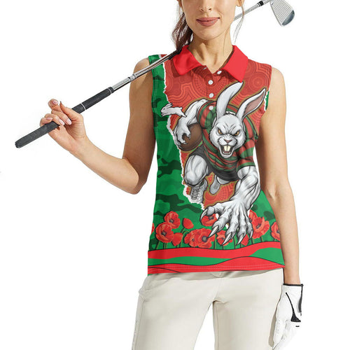Personalized South Sydney Rabbitohs ANZAC Tribute Women Sleeveless Polo Shirt Poppy Field Soldier Silhouette Aboriginal Rugby Mascot