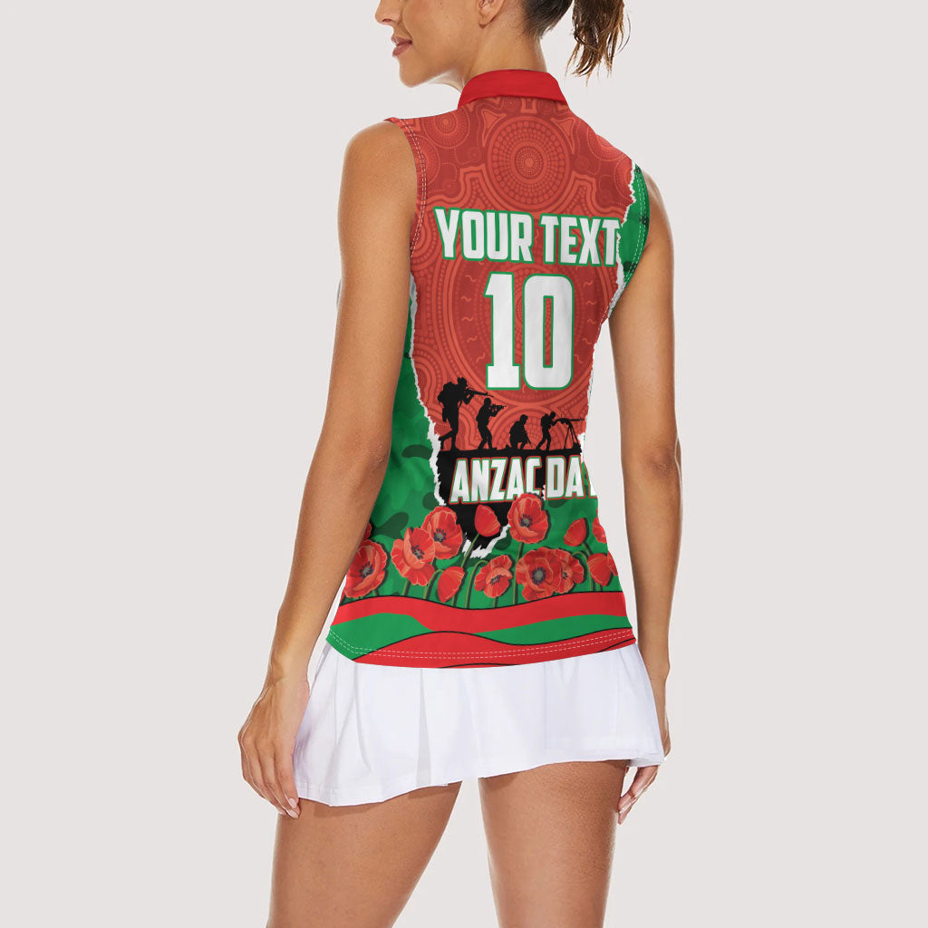 Personalized South Sydney Rabbitohs ANZAC Tribute Women Sleeveless Polo Shirt Poppy Field Soldier Silhouette Aboriginal Rugby Mascot