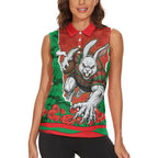 Personalized South Sydney Rabbitohs ANZAC Tribute Women Sleeveless Polo Shirt Poppy Field Soldier Silhouette Aboriginal Rugby Mascot