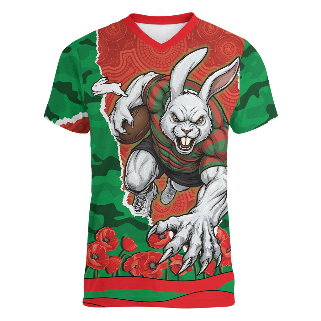 Personalized South Sydney Rabbitohs ANZAC Tribute Women V-Neck T-Shirt Poppy Field Soldier Silhouette Aboriginal Rugby Mascot