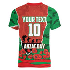 Personalized South Sydney Rabbitohs ANZAC Tribute Women V-Neck T-Shirt Poppy Field Soldier Silhouette Aboriginal Rugby Mascot
