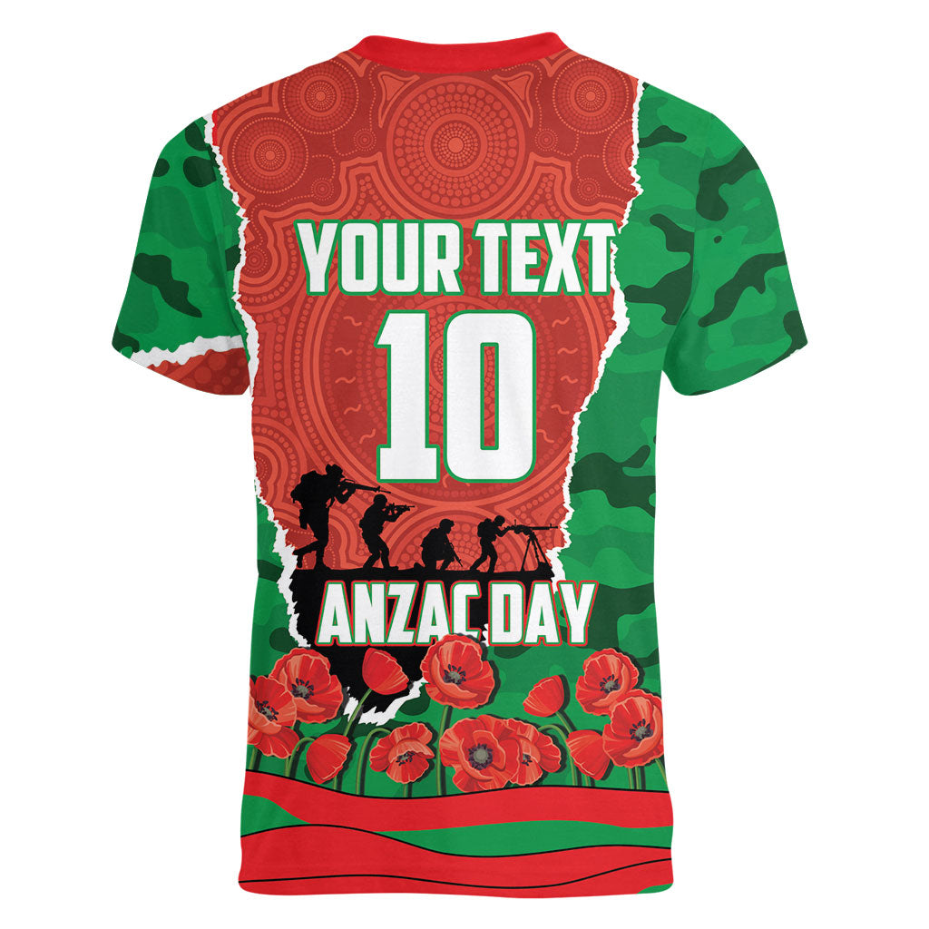 Personalized South Sydney Rabbitohs ANZAC Tribute Women V-Neck T-Shirt Poppy Field Soldier Silhouette Aboriginal Rugby Mascot