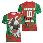 Personalized South Sydney Rabbitohs ANZAC Tribute Women V-Neck T-Shirt Poppy Field Soldier Silhouette Aboriginal Rugby Mascot
