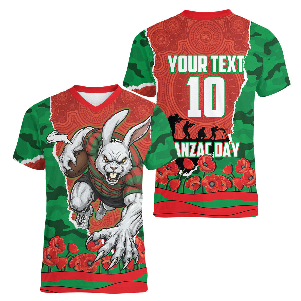 Personalized South Sydney Rabbitohs ANZAC Tribute Women V-Neck T-Shirt Poppy Field Soldier Silhouette Aboriginal Rugby Mascot