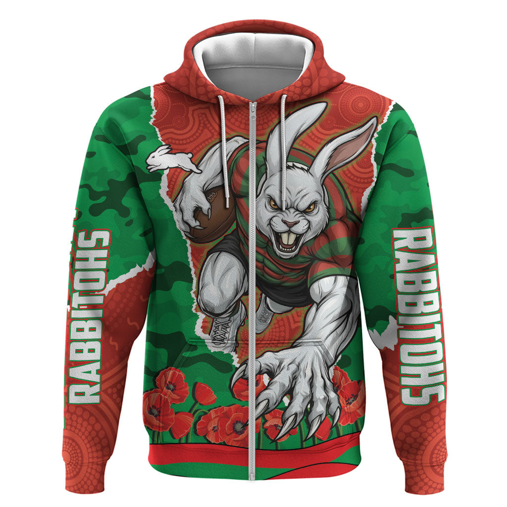 Personalized South Sydney Rabbitohs ANZAC Tribute Zip Hoodie Poppy Field Soldier Silhouette Aboriginal Rugby Mascot