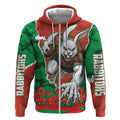Personalized South Sydney Rabbitohs ANZAC Tribute Zip Hoodie Poppy Field Soldier Silhouette Aboriginal Rugby Mascot