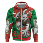 Personalized South Sydney Rabbitohs ANZAC Tribute Zip Hoodie Poppy Field Soldier Silhouette Aboriginal Rugby Mascot