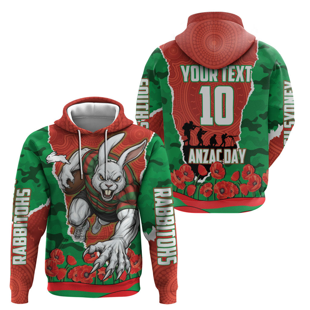 Personalized South Sydney Rabbitohs ANZAC Tribute Zip Hoodie Poppy Field Soldier Silhouette Aboriginal Rugby Mascot