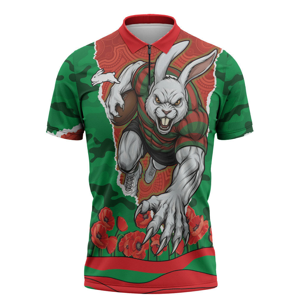 Personalized South Sydney Rabbitohs ANZAC Tribute Zipper Polo Shirt Poppy Field Soldier Silhouette Aboriginal Rugby Mascot