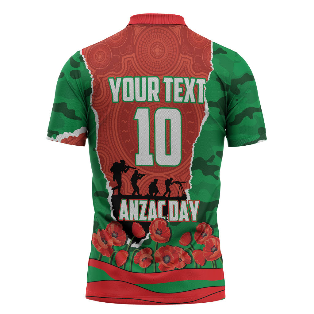 Personalized South Sydney Rabbitohs ANZAC Tribute Zipper Polo Shirt Poppy Field Soldier Silhouette Aboriginal Rugby Mascot