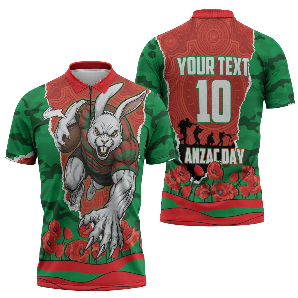 Personalized South Sydney Rabbitohs ANZAC Tribute Zipper Polo Shirt Poppy Field Soldier Silhouette Aboriginal Rugby Mascot