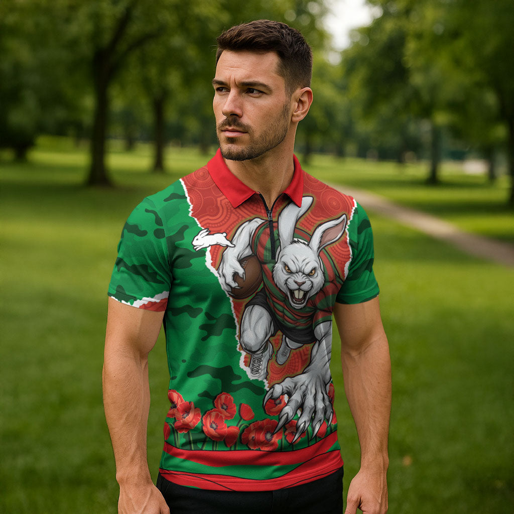 Personalized South Sydney Rabbitohs ANZAC Tribute Zipper Polo Shirt Poppy Field Soldier Silhouette Aboriginal Rugby Mascot