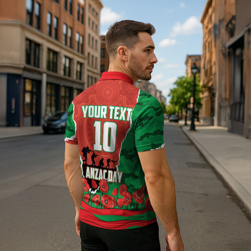 Personalized South Sydney Rabbitohs ANZAC Tribute Zipper Polo Shirt Poppy Field Soldier Silhouette Aboriginal Rugby Mascot