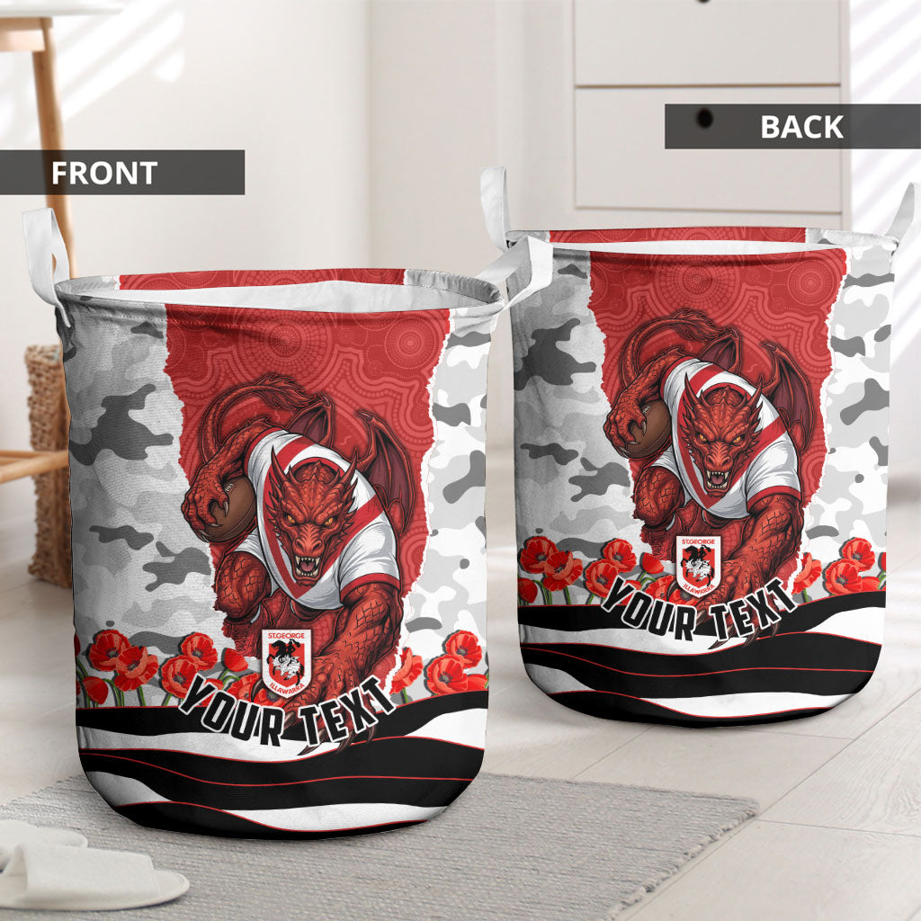 Personalized Dragons ANZAC Tribute Laundry Basket Poppy Field Soldier Silhouette Aboriginal Rugby Mascot