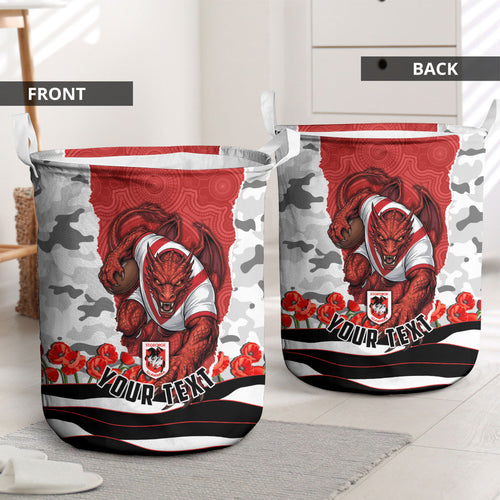 Personalized Dragons ANZAC Tribute Laundry Basket Poppy Field Soldier Silhouette Aboriginal Rugby Mascot