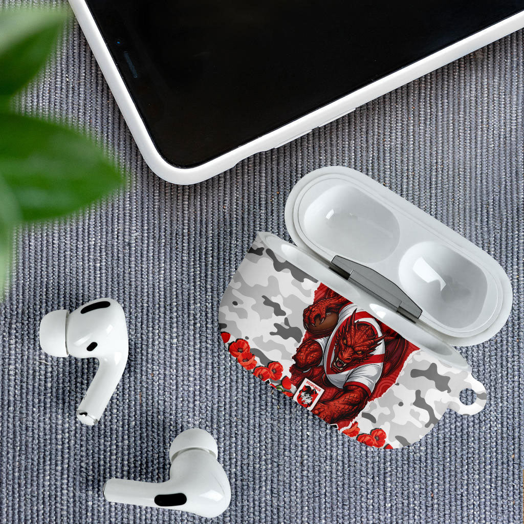 Personalized Dragons ANZAC Tribute AirPods Case Poppy Field Soldier Silhouette Aboriginal Rugby Mascot