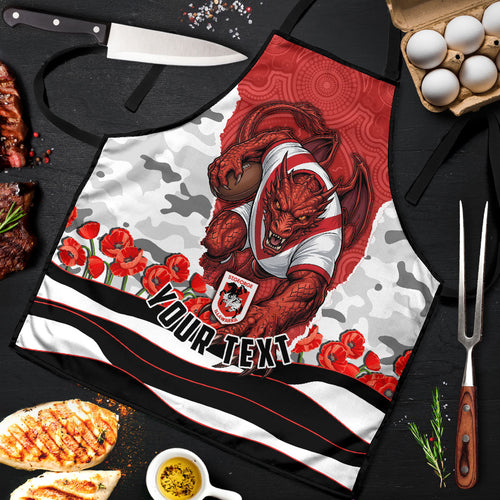 Personalized Dragons ANZAC Tribute Apron Poppy Field Soldier Silhouette Aboriginal Rugby Mascot