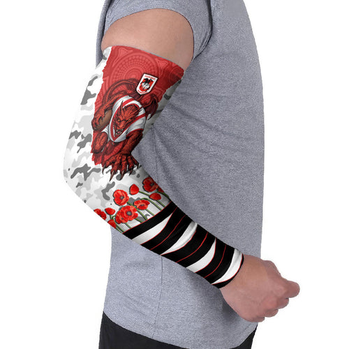 Personalized Dragons ANZAC Tribute Arm Sleeves Poppy Field Soldier Silhouette Aboriginal Rugby Mascot