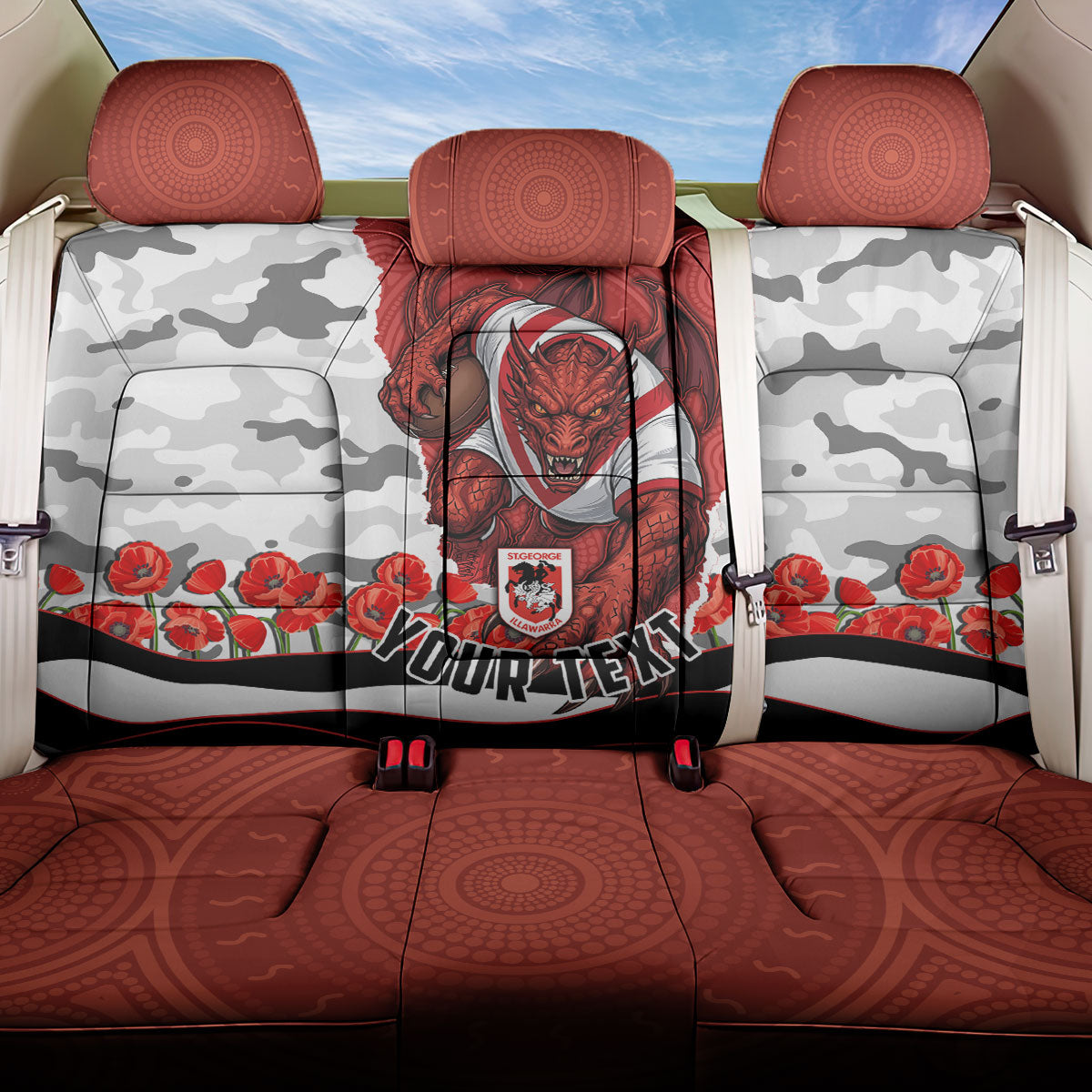 Personalized Dragons ANZAC Tribute Back Car Seat Cover Poppy Field Soldier Silhouette Aboriginal Rugby Mascot