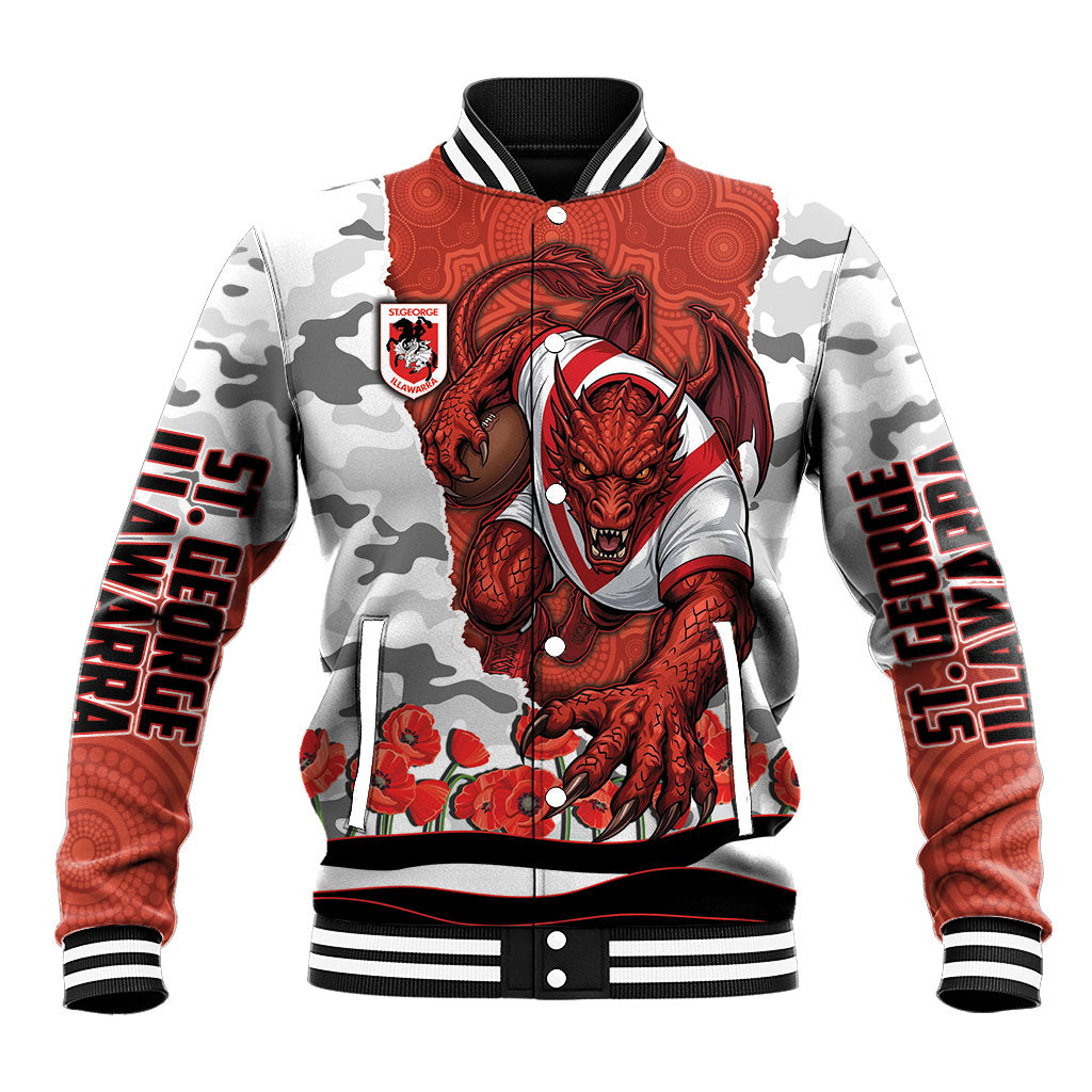 Personalized Dragons ANZAC Tribute Baseball Jacket Poppy Field Soldier Silhouette Aboriginal Rugby Mascot