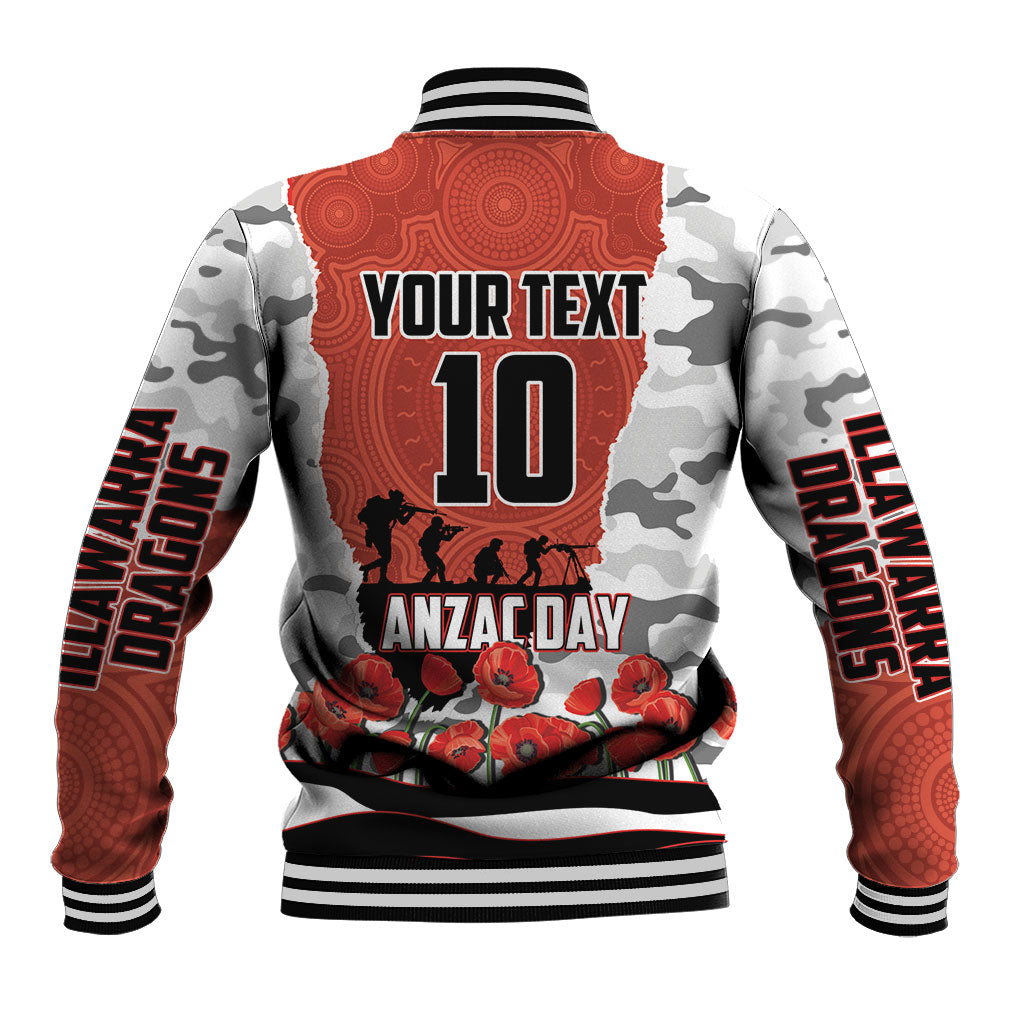 Personalized Dragons ANZAC Tribute Baseball Jacket Poppy Field Soldier Silhouette Aboriginal Rugby Mascot