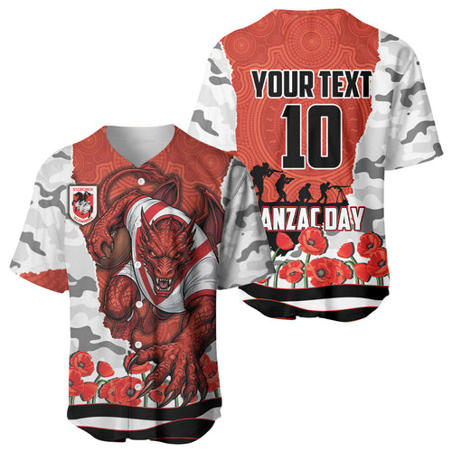 Personalized Dragons ANZAC Tribute Baseball Jersey Poppy Field Soldier Silhouette Aboriginal Rugby Mascot