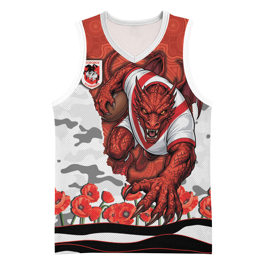 Personalized Dragons ANZAC Tribute Basketball Jersey Poppy Field Soldier Silhouette Aboriginal Rugby Mascot