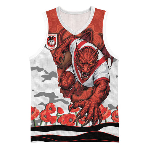 Personalized Dragons ANZAC Tribute Basketball Jersey Poppy Field Soldier Silhouette Aboriginal Rugby Mascot