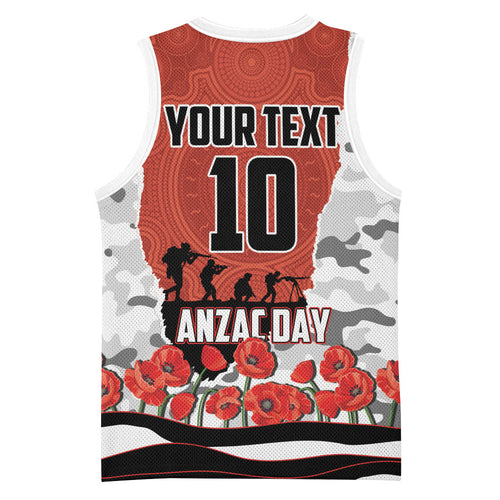 Personalized Dragons ANZAC Tribute Basketball Jersey Poppy Field Soldier Silhouette Aboriginal Rugby Mascot