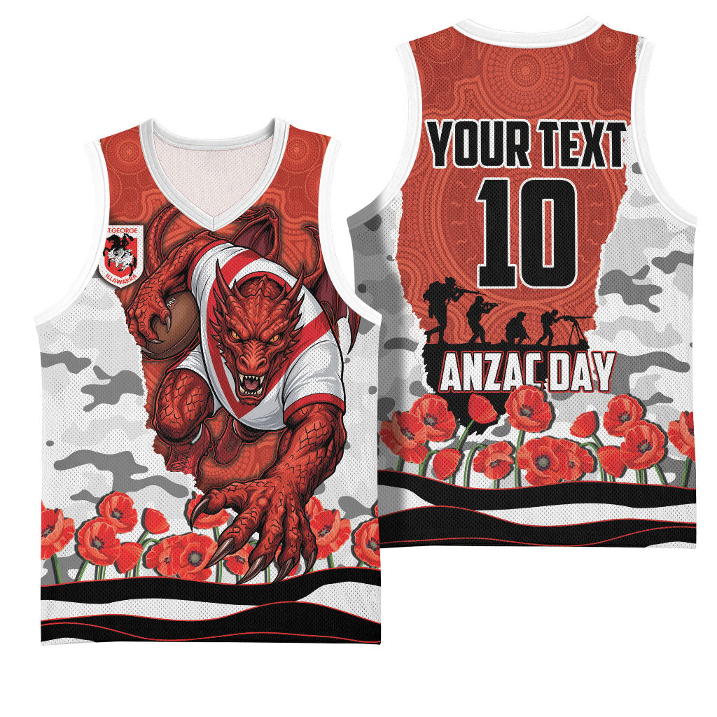 Personalized Dragons ANZAC Tribute Basketball Jersey Poppy Field Soldier Silhouette Aboriginal Rugby Mascot
