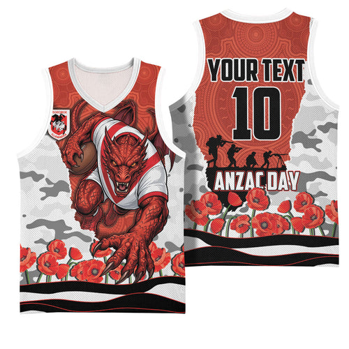 Personalized Dragons ANZAC Tribute Basketball Jersey Poppy Field Soldier Silhouette Aboriginal Rugby Mascot