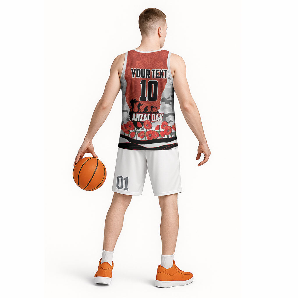 Personalized Dragons ANZAC Tribute Basketball Jersey Poppy Field Soldier Silhouette Aboriginal Rugby Mascot