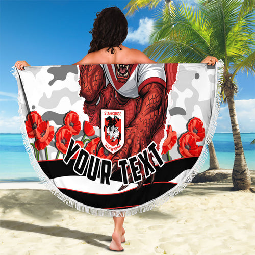 Personalized Dragons ANZAC Tribute Beach Blanket Poppy Field Soldier Silhouette Aboriginal Rugby Mascot