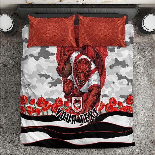Personalized Dragons ANZAC Tribute Bedding Set Poppy Field Soldier Silhouette Aboriginal Rugby Mascot
