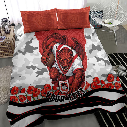 Personalized Dragons ANZAC Tribute Bedding Set Poppy Field Soldier Silhouette Aboriginal Rugby Mascot