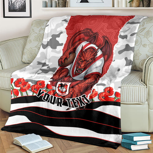Personalized Dragons ANZAC Tribute Blanket Poppy Field Soldier Silhouette Aboriginal Rugby Mascot
