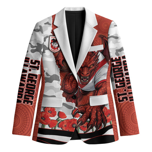 Personalized Dragons ANZAC Tribute Blazer Poppy Field Soldier Silhouette Aboriginal Rugby Mascot