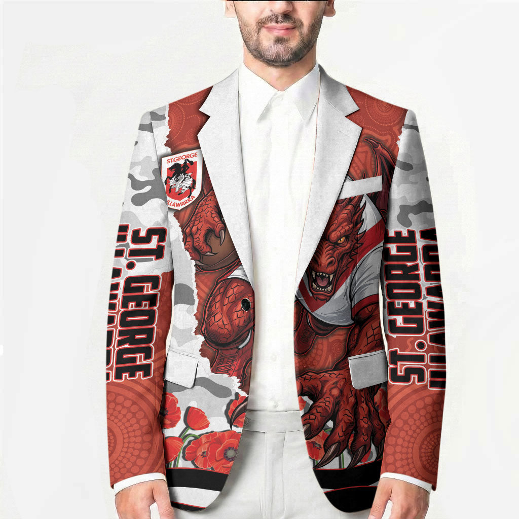 Personalized Dragons ANZAC Tribute Blazer Poppy Field Soldier Silhouette Aboriginal Rugby Mascot